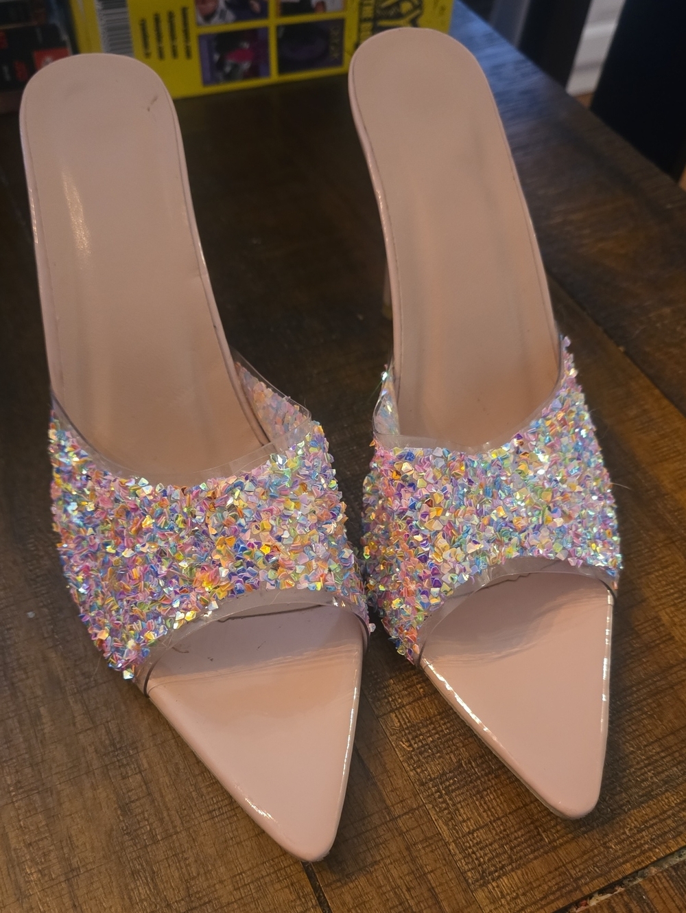 Sparkling Pink Pointed-Toe Slide Heels